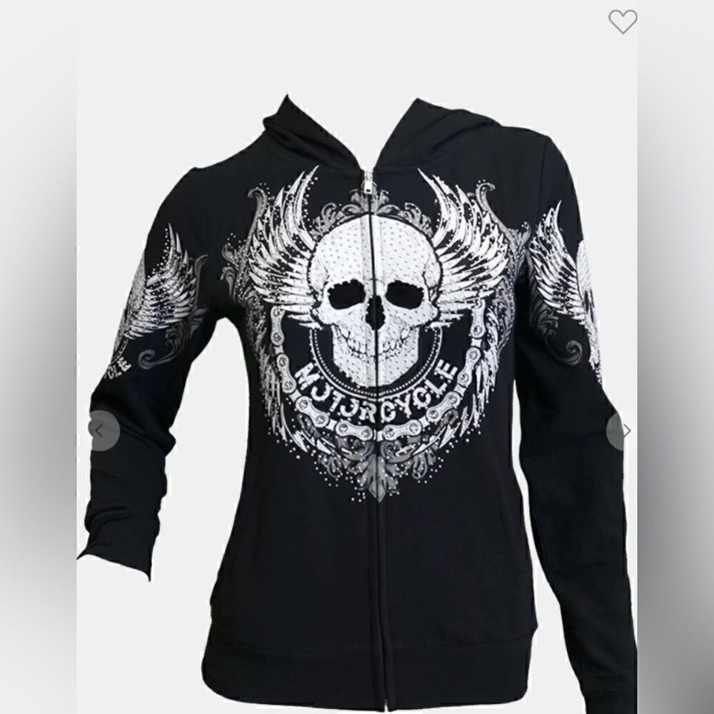 Motorcycle Skull Chained Rhinestone Hoodie